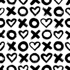 Nahtloses XOXO-Muster. Vektor Abstrakter Hintergrund mit Tintenbürstenanschlägen. Einfarbiger skandinavischer handgezeichneter Druck. Grunge-Textur mit Symbolen von Null, Kreuz und Herz.