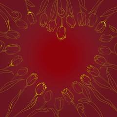 golden silhouettes flowers tulips on red background, heart frame, vector illustration. Hand drawn floral elements. Gift card tulips for Valentine's Day