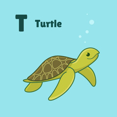 Cartoon turtle, cute character for children. Good illustration in cartoon style for abc book, poster, postcard. Animal alphabet - letter T.