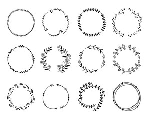 Wreaths vector collection on white background. Botanical circle frames with flowers, leaves and plants