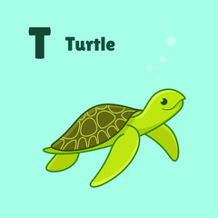 Cartoon turtle, cute character for children. Vector illustration in cartoon style for abc book, poster, postcard. Animal alphabet - letter T.