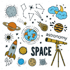 Space cute vector illustrations. Astronomy graphic collection on white background. Hand drawn planets and rockets