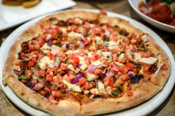 Pizza barbecue chicken cheese with vegetables