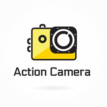 Action camera icon, vector illustration, colorful logo template, extreme photo and video cam symbol, editable design element for identity, logotype, website, banner, card, prints, digital projects.