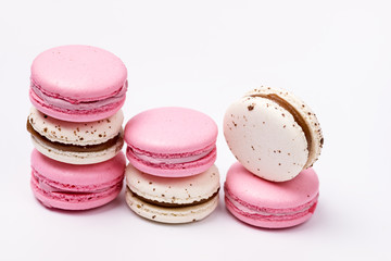 French Colorful Strawberry and Caramel and Salt Macarons Colorful Pastel Macarons on White Background White and Pink Macarons Horizontal