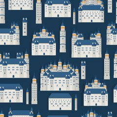 Seamless vector pattern with castles on a light blue background.