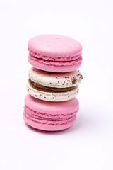 French Colorful Strawberry and Caramel and Salt Macarons Colorful Pastel Macarons on White Background White and Pink Macarons Vertical
