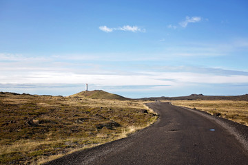 Scenic landscape view of Icelandic road and beautiful areal view of the nature autumntime