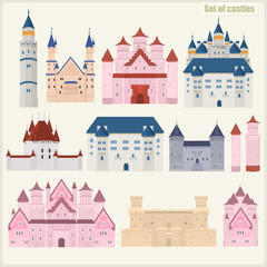 Set of various vector castles. on a light background. Historic castles.