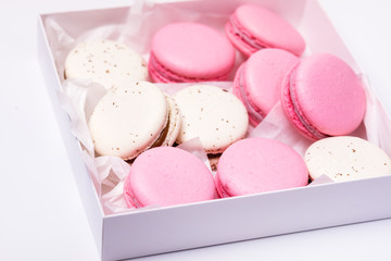 Pink Strawberry and White Caramel and Salt Macarons in Box French Delicate Dessert Pink and White Pastel Macarons