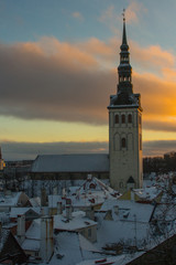 View from a high point on Old Town Tallinn on a winter evening. Estonia
