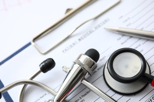 Medical instruments lying at patient history list