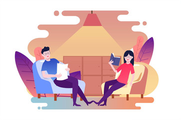 Illustration of People Relaxing at Home while reading