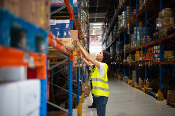 Stack the goods on shelves in the warehouse