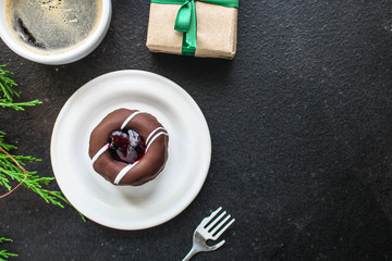 chocolate cake desert, festive table setting (coffee, gifts, sweets) menu concept. food background. top view. copy space
