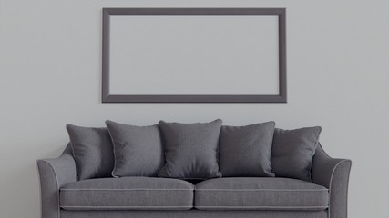 One isolated art canvas on white wall. Sofa, plant, in room interior.