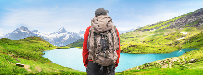 Alpine peaks landskape background. Bachalpsee lake, Grindelwald, Bernese highland. Alps, tourism,...