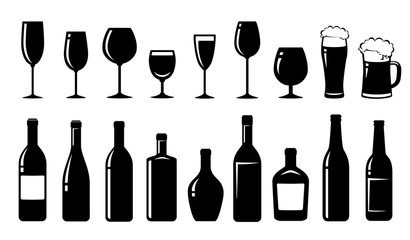 food set of alcohol bottles and glasses - obrazy, fototapety, plakaty