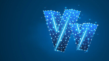 Alphabet letter V. Design of an Uppercase and lowercase english letters. Banner, template or a pattern. Abstract digital wireframe, low poly mesh, vector blue neon 3d illustration. Triangle, line dot