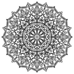 Black mandala on a white background. Ethnic ornament with possibility to paint.  Vector.  Element of design. Template for painting henna, tattoo. Pattern for placement on paper, fabric, glass, wood. 