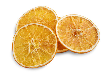 Stack of dried orange slices isolated on white