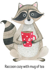 Cozy raccoon with mug watercolor