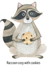 Cozy raccoon with cookies watercolor