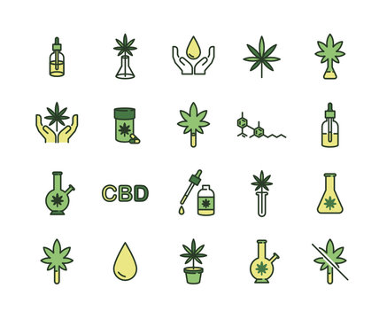 Marijuana Products. Cannabis. Leaf. Bong. CBD Oil. CBD Formula. - Vector Icon Set	
