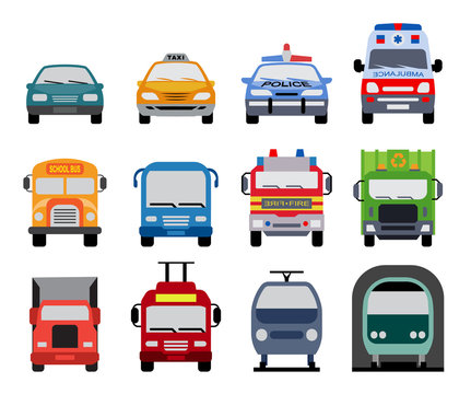 Set of front view flat icons of police car, ambulance car, fire department vehicle, taxi car, garbage collector, school bus, truck, metro and train.