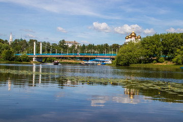 Cable-stayed bridge over the Kotorosl river in Yaroslavl. View from the island of Damansky.
