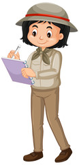 Girl in safari costume writing on white background