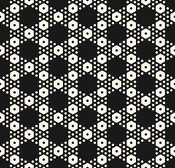 Vector monochrome texture, simple geometric seamless pattern with different hexagons. Black abstract modern background, repeat tiles. Design element for textile, decor, covers, package, digital, web