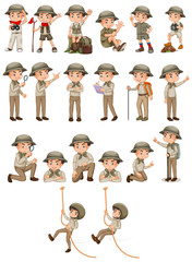 Boy in safari outfit doing different activities on white background © blueringmedia