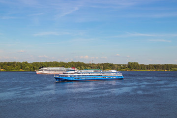 ship on the Volga river near the Spit of Yaroslavl