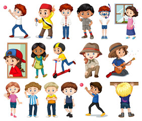 Large set of boys and girls doing different activity on white background