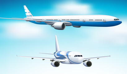 Two airplanes flying in blue sky background