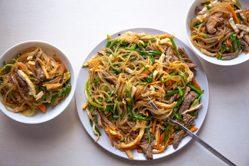 Stir fried Korean glass noodle with soy sauce called Japchae