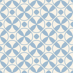 Vintage vector seamless pattern, simple geometric texture with crosses, circles, propellers. Abstract background in pale blue and beige colors. Retro style repeatable design for decor, fabric, print