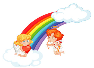 Valentine theme with cupids flying around the rainbow