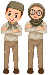Boy and girl in scout uniform on white background