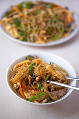 Stir fried Korean glass noodle with soy sauce called Japchae