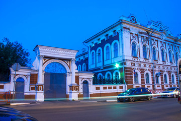 Fototapeta premium Yaroslavl. Historic buildings; 18th-19th century; House Donovich-Lopatin and house Poletaeva on the Big Oktyabrskaya street, Yaroslavl. night scene