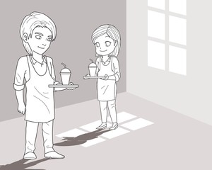 Waitress coffee boy and girl prepairing to serve a cup of coffee. Standing in the room. vector illustration isolated cartoon hand drawn background