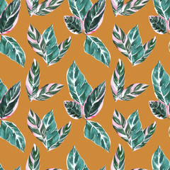 Watercolor hand painted botanical pastel colored leaves illustration seamless pattern, wallpaper, wrapping paper