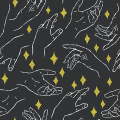 Vector seamless pattern with boho hands and stars. Hand drawn witchcraft illustration on dark background.