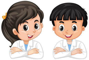 Boy and girl in science gown on white background