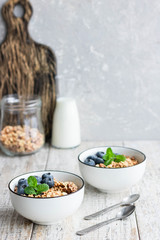 Homemade Chocolate Nut Granola with Fresh Blueberries.