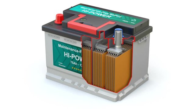 Cross section of car battery with abstract label animation - 3D animation seamlessly loopable