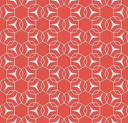 Obraz na płótnie Canvas Vector geometric seamless pattern with thin lines, grid, triangles, small flower silhouettes, hexagonal lattice, mesh, net. Elegant red and white texture. Abstract background. Festive repeated design