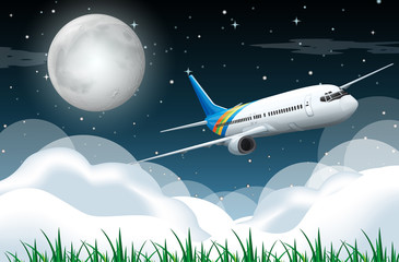 Scene with airplane flying in the night